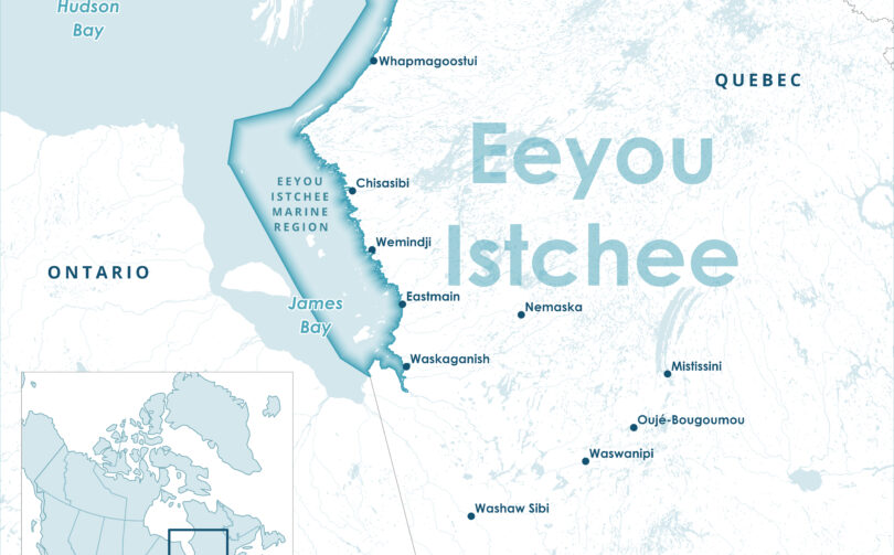 A map showing the Eeyou Istchee territory, which lies mostly in northern Quebec.